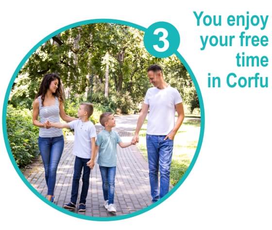 family enjoys free time in corfu after luggage storage